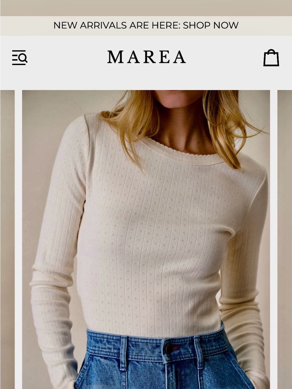 Marea Women's Ivory Pointelle Ribbed Long Sleeve Tee
